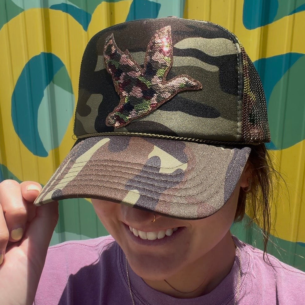 Sequin Mallard Foam Trucker Hat- Classic Camo