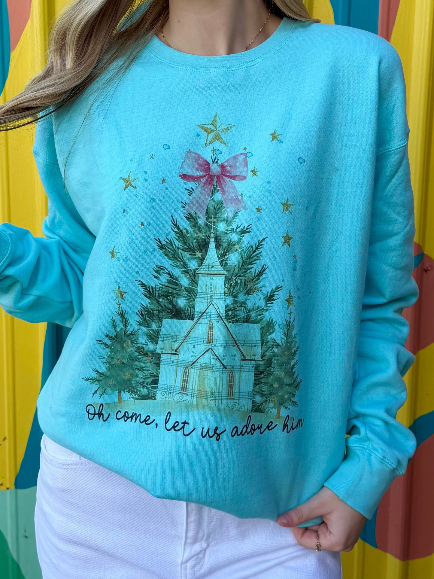 Oh Come Let Us Adore Him on Teal Crewneck