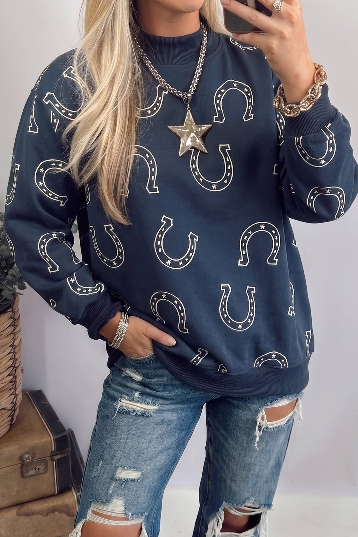 Western Horseshoe Print High Neck Casual Pullover Sweatshirt: Brown / S
