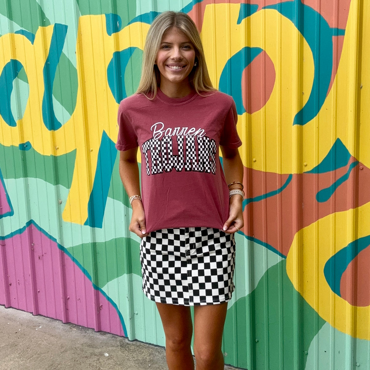 Checkered Barren Trojans Comfort Color Tee - Burgundy (Adult & Youth)