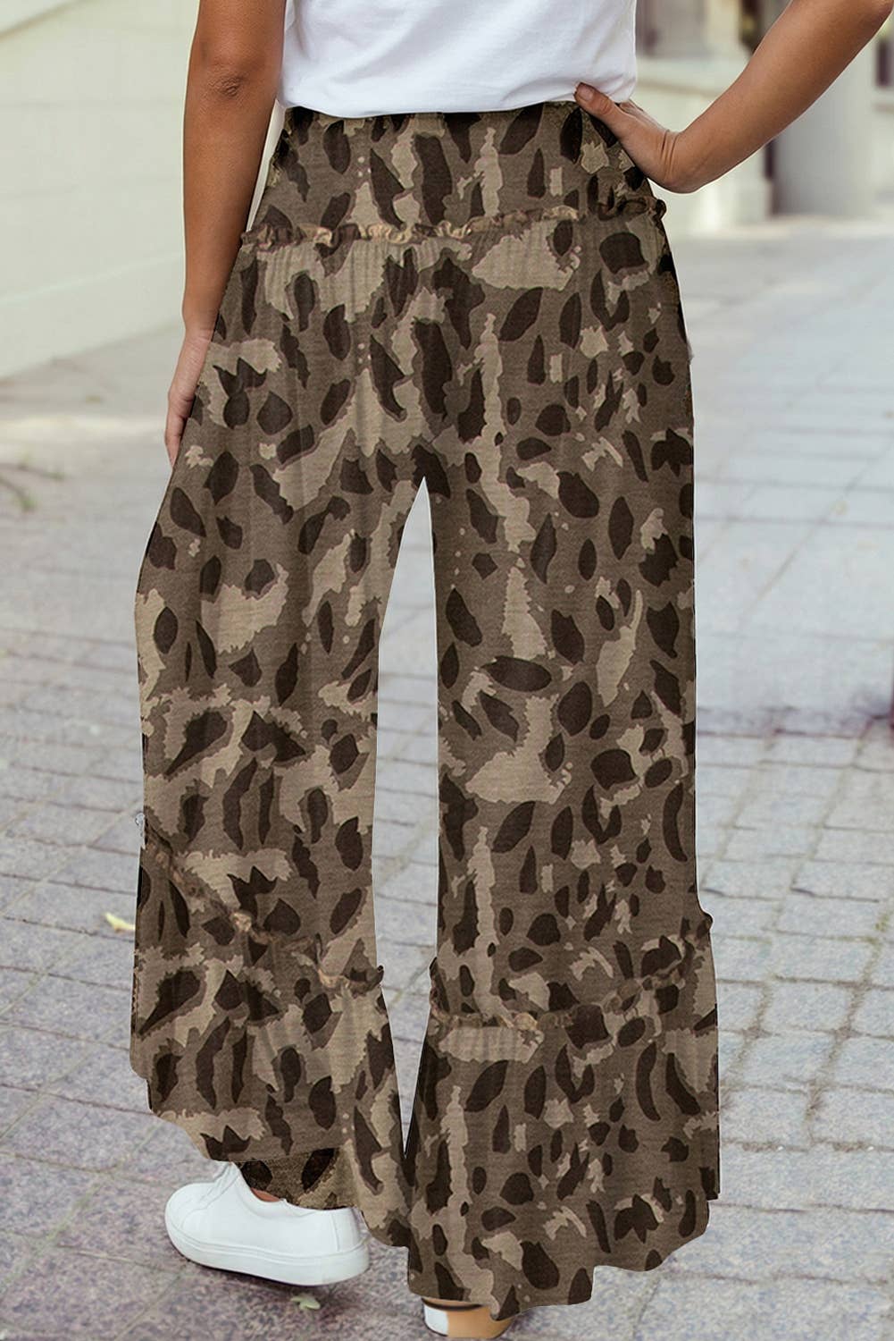 Camo/Leopard Print Ruffled Wide-Leg Pants Women's Bottoms: Beige / S