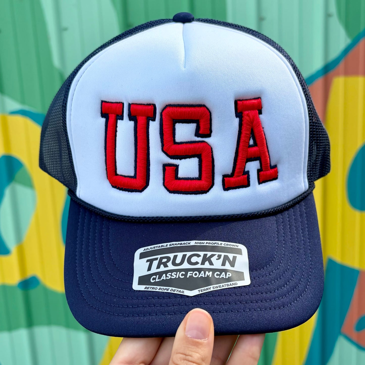 USA Embroidered Foam Trucker Hat- White/Navy