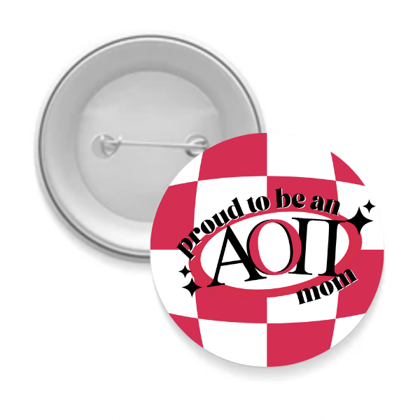 Sorority Mom Button - Proud to Be Checkered: 3" Round / Alpha Omicron Pi