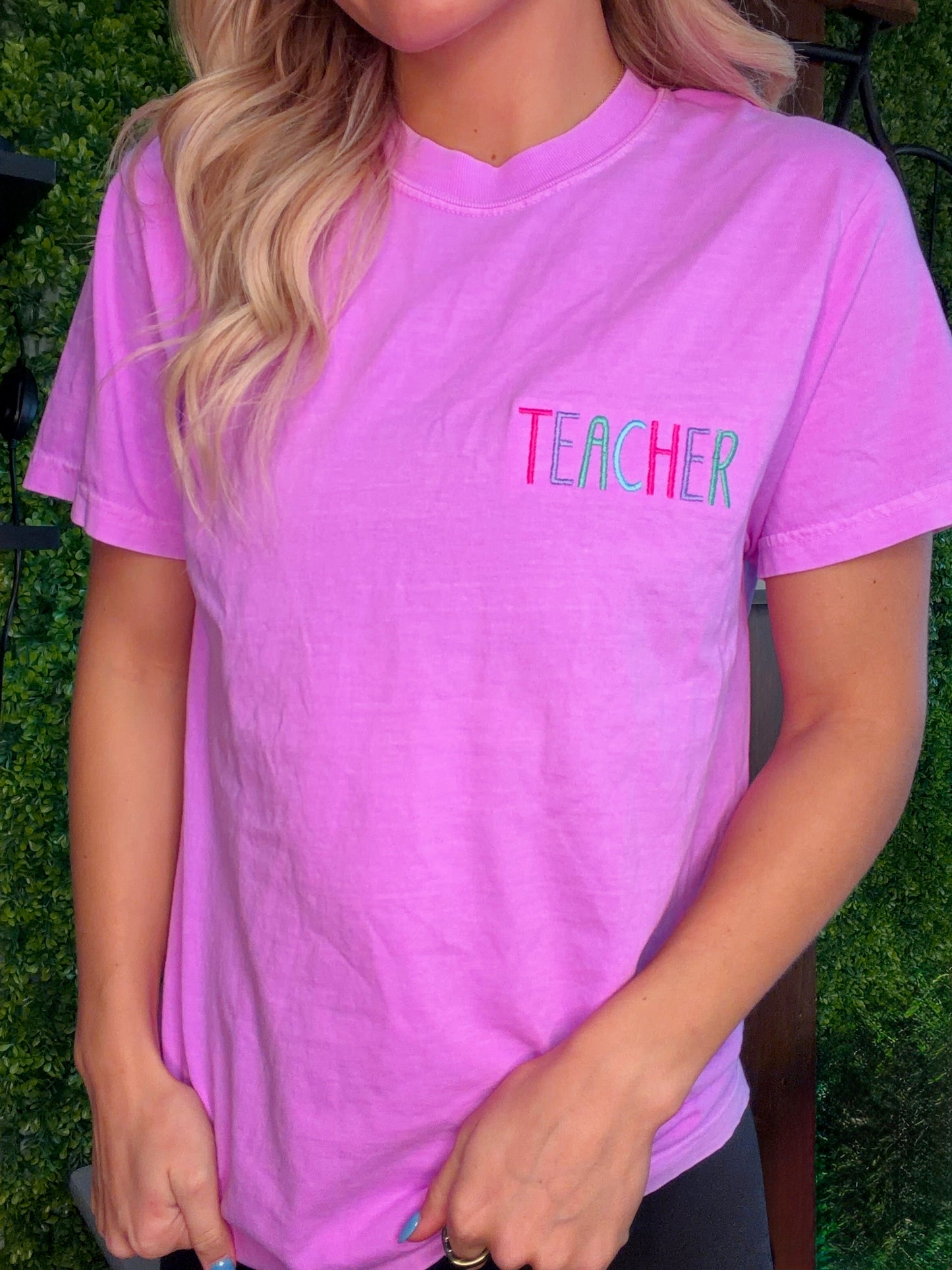 Teacher Neon Embroidered Comfort Colors Tee