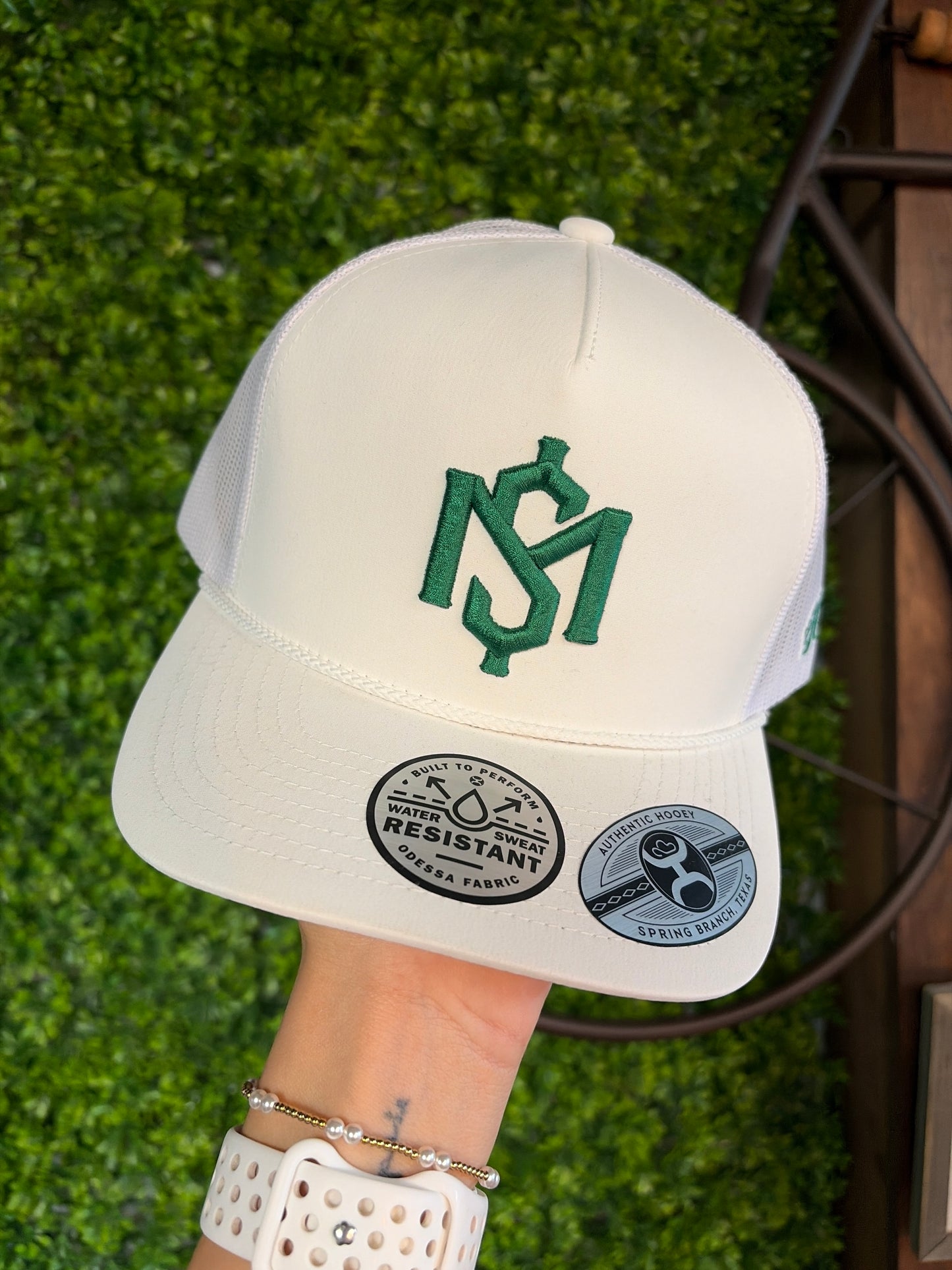 Hooey White 5 Panel Trucker hat Green Logo