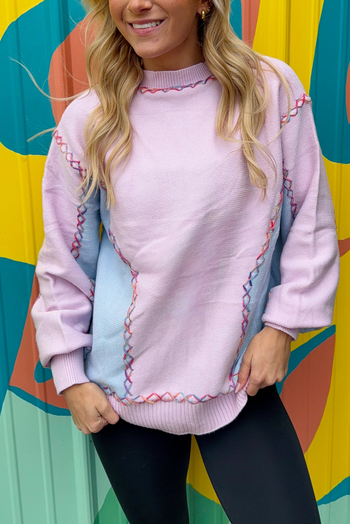 Rainbow Stitching Balloon Sleeve Relaxed Sweater