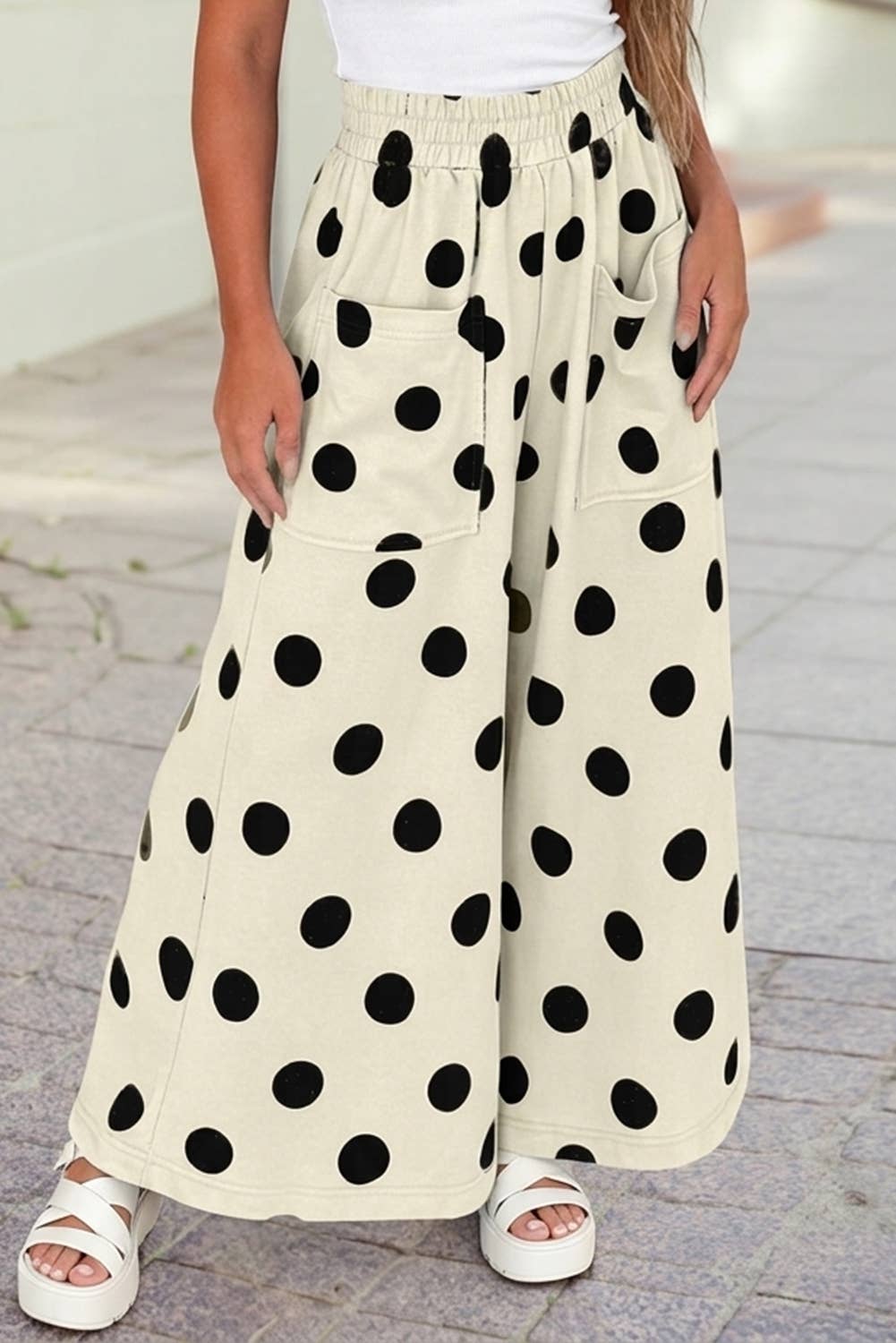 High Waist Wide Leg Polka Dot Pocket Pants S-4X: Sky Blue / S