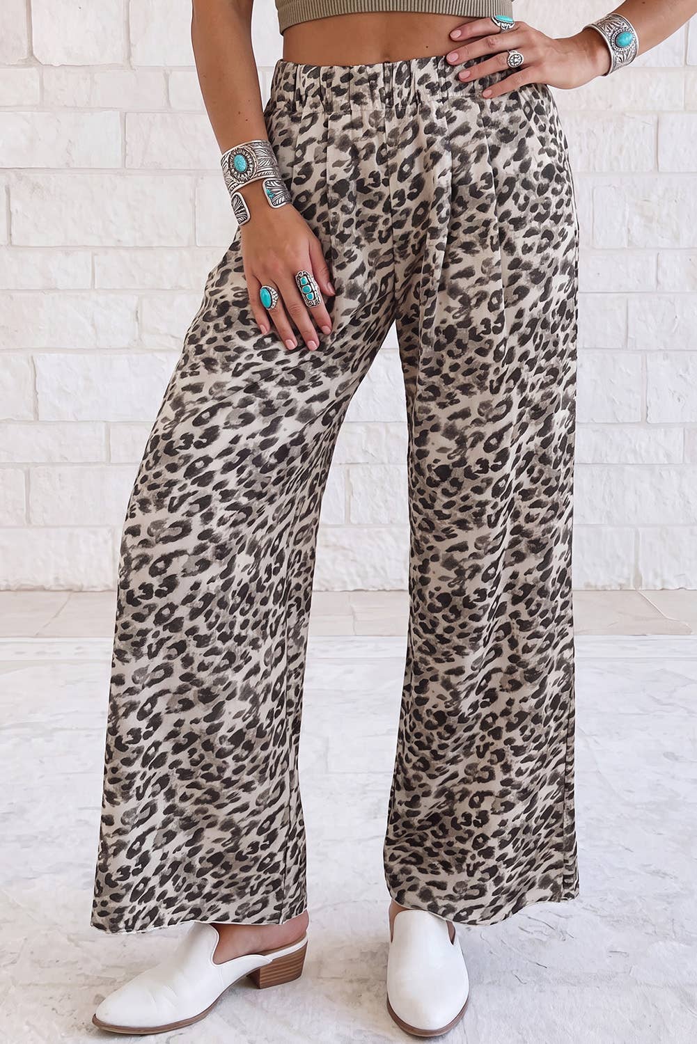 Leopard Print Wide Leg Full Length Pants: Multicolour / S