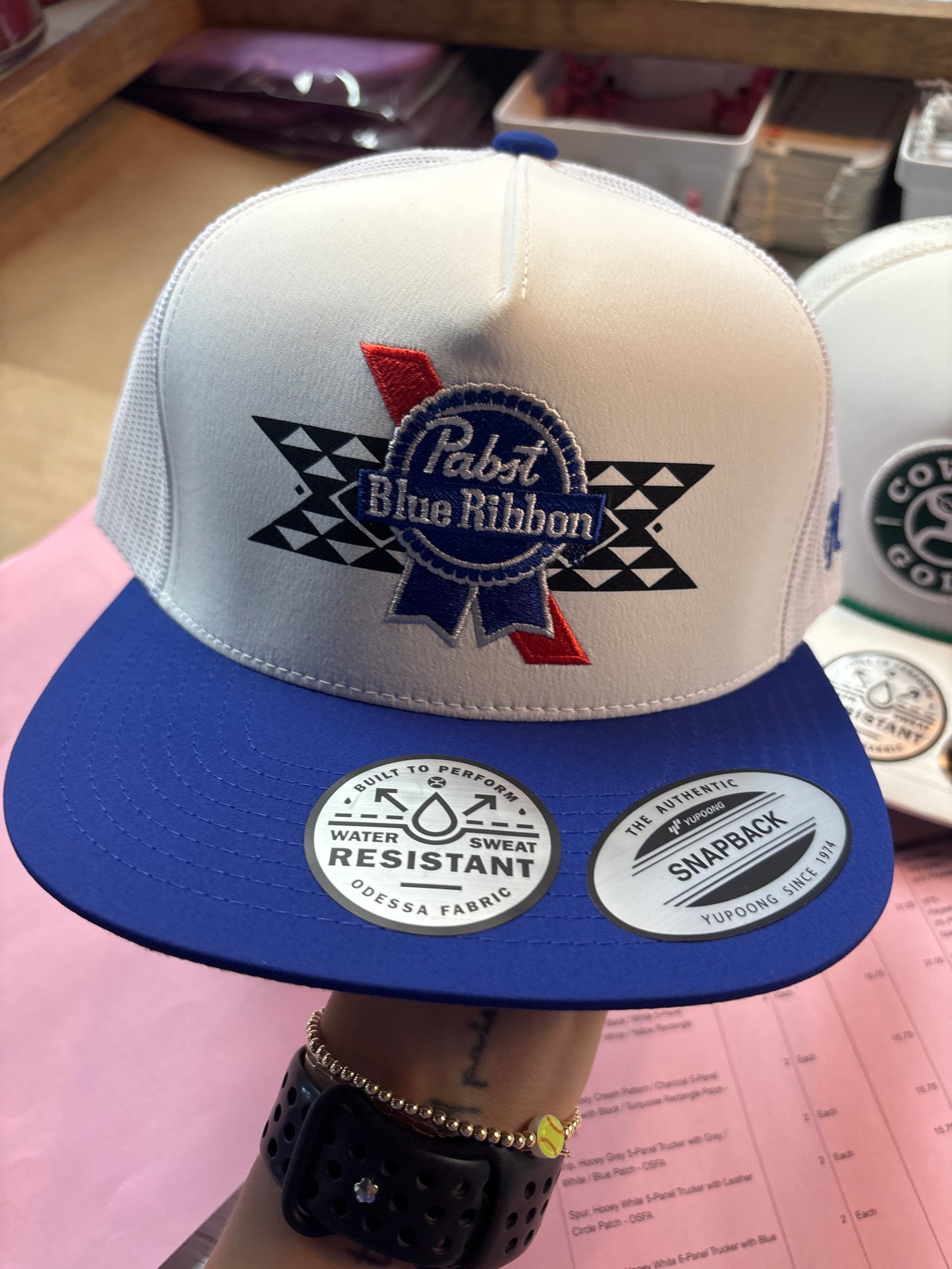 PBR White Trucker Hat- Red/White/Blue Logo