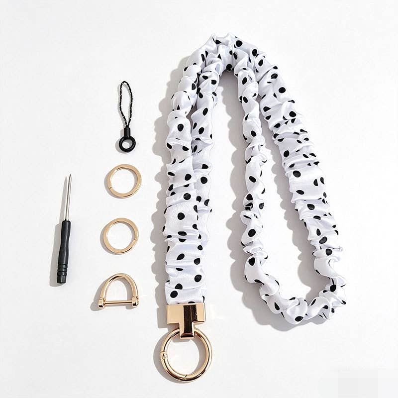 Fabric Stretchy Scrunchie Neck Lanyard: Black & White Dots