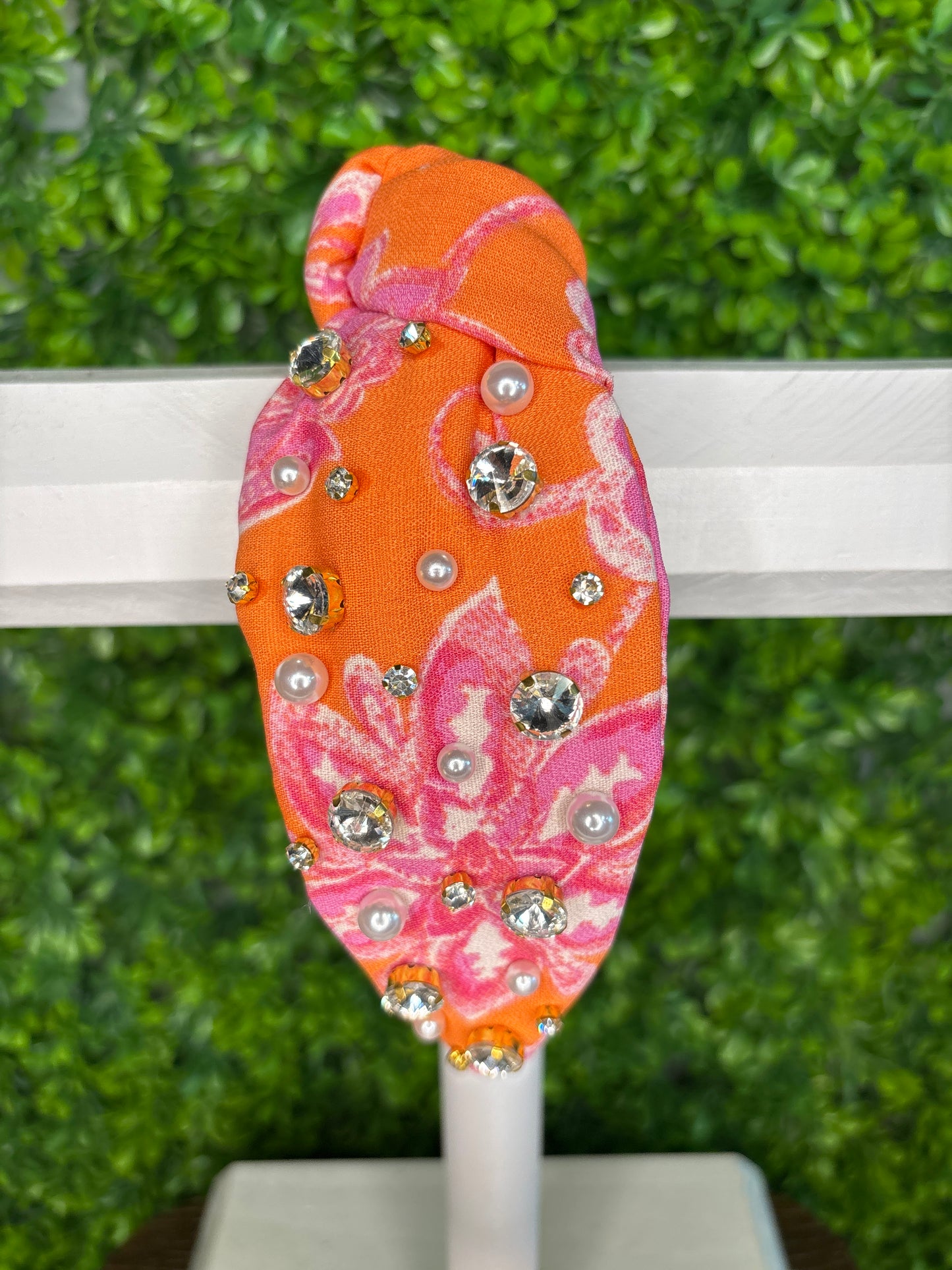 Orange & Pink Rhinestone & Pearls Headband
