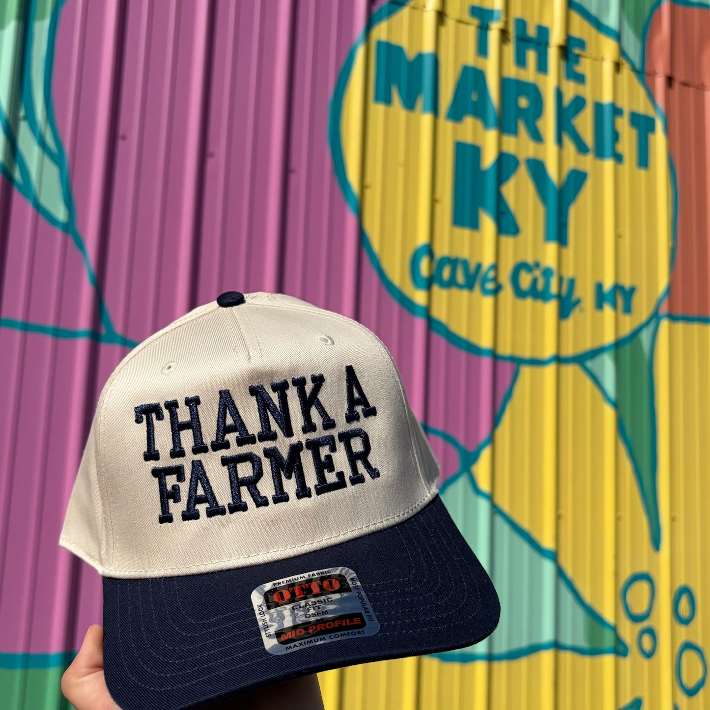 Thank A Farmer Embroidered Trucker Hat- Navy/Tan