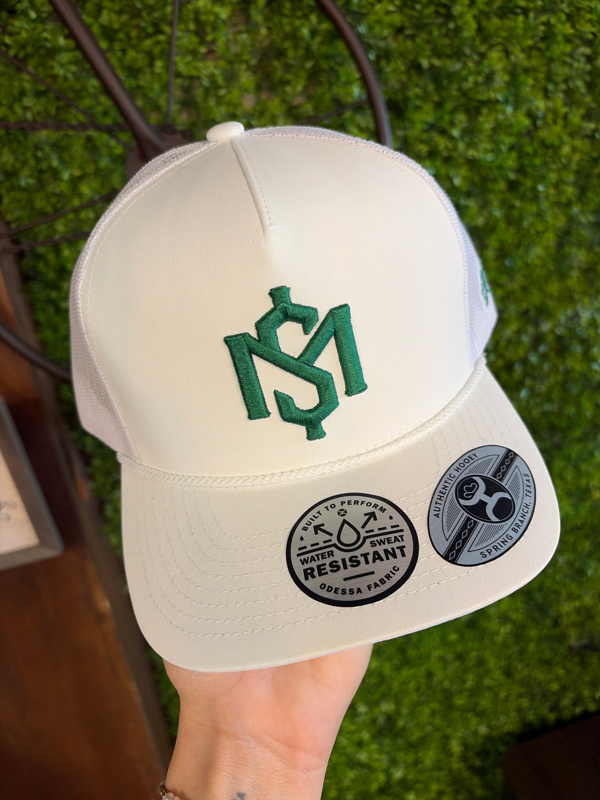 Shad Mayfield White Trucker Hat- Green Logo