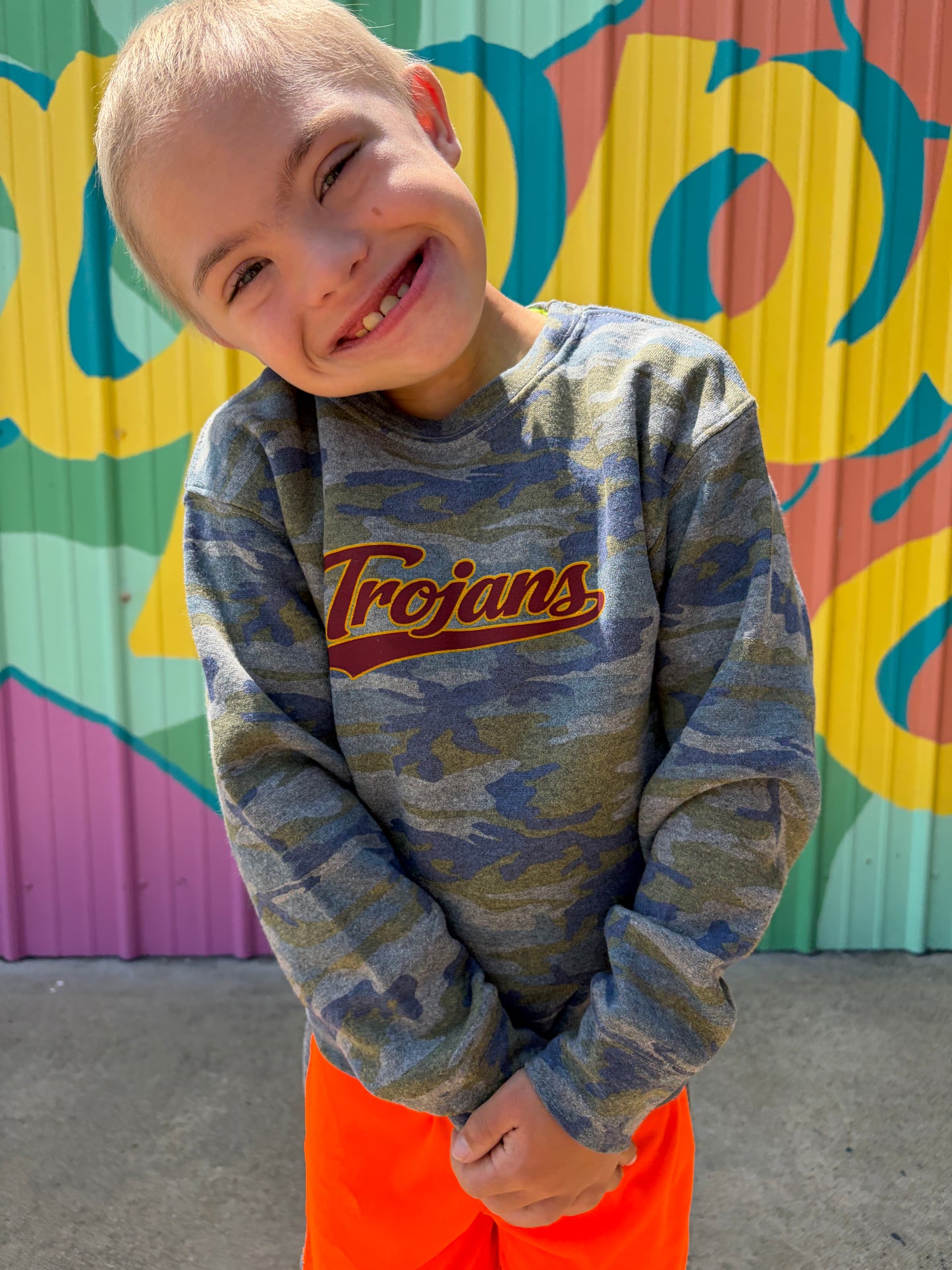 Trojans Varsity Script Youth Camo Sweatshirt