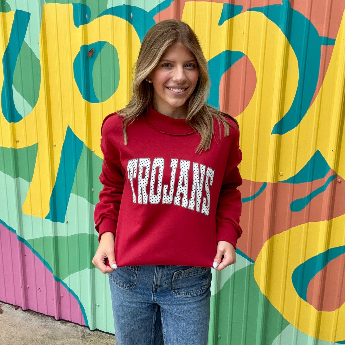Trojans Black & White Polka Dot Mock Neck Crewneck - Ruby Red