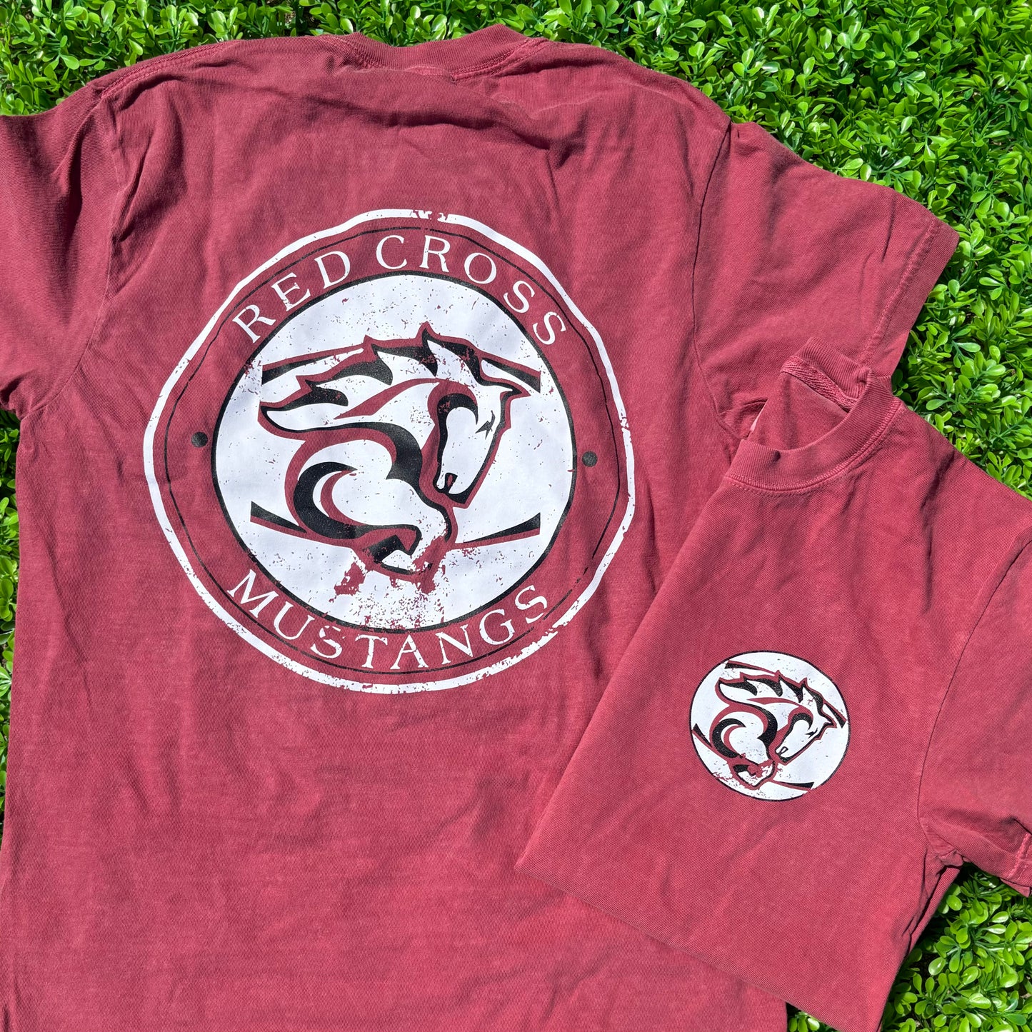 Distressed Red Cross Mustangs Comfort Colors Tee (Youth & Adult)