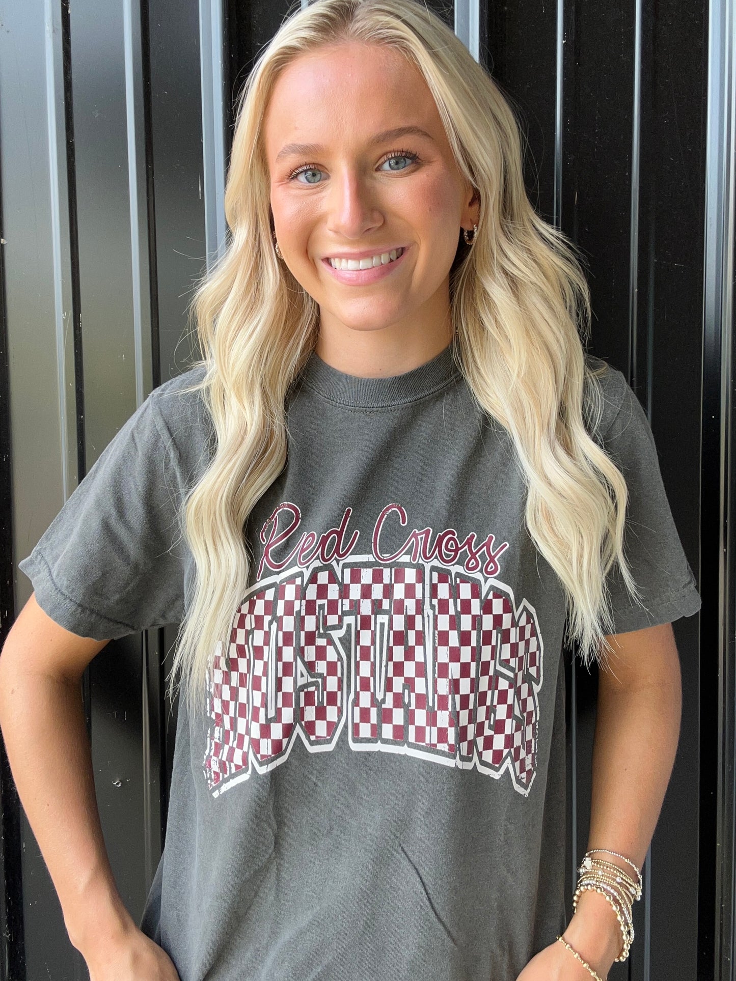 Red Cross Mustangs Grey Checkers Comfort Colors Tee