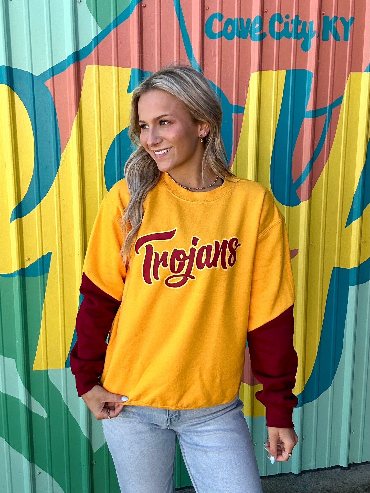 Gold With Burgundy Sleeve Trojan Sweatshirt