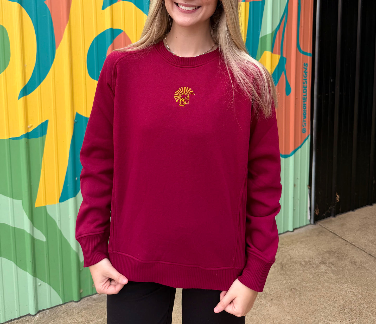 Trojan Mascot Embroidered Scuba Crewneck - Burgundy