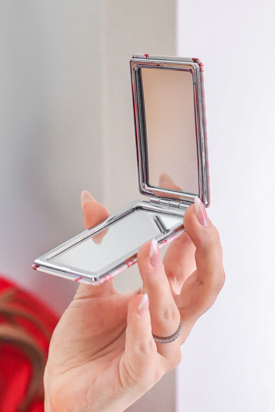 Cherry and Stripes Compact Mirror: Pink/Red