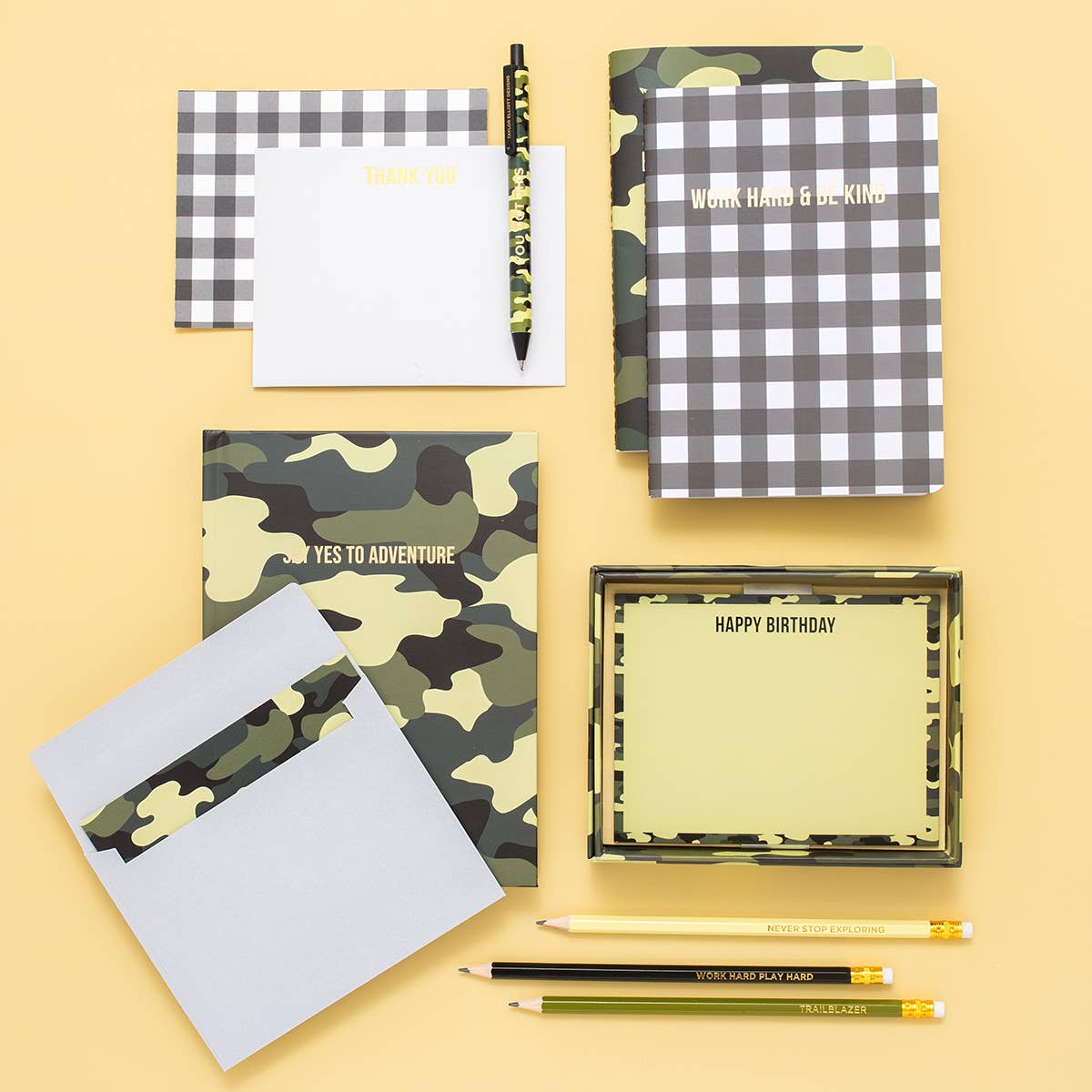 Gel Pen Set - Camo+ Gray Gingham