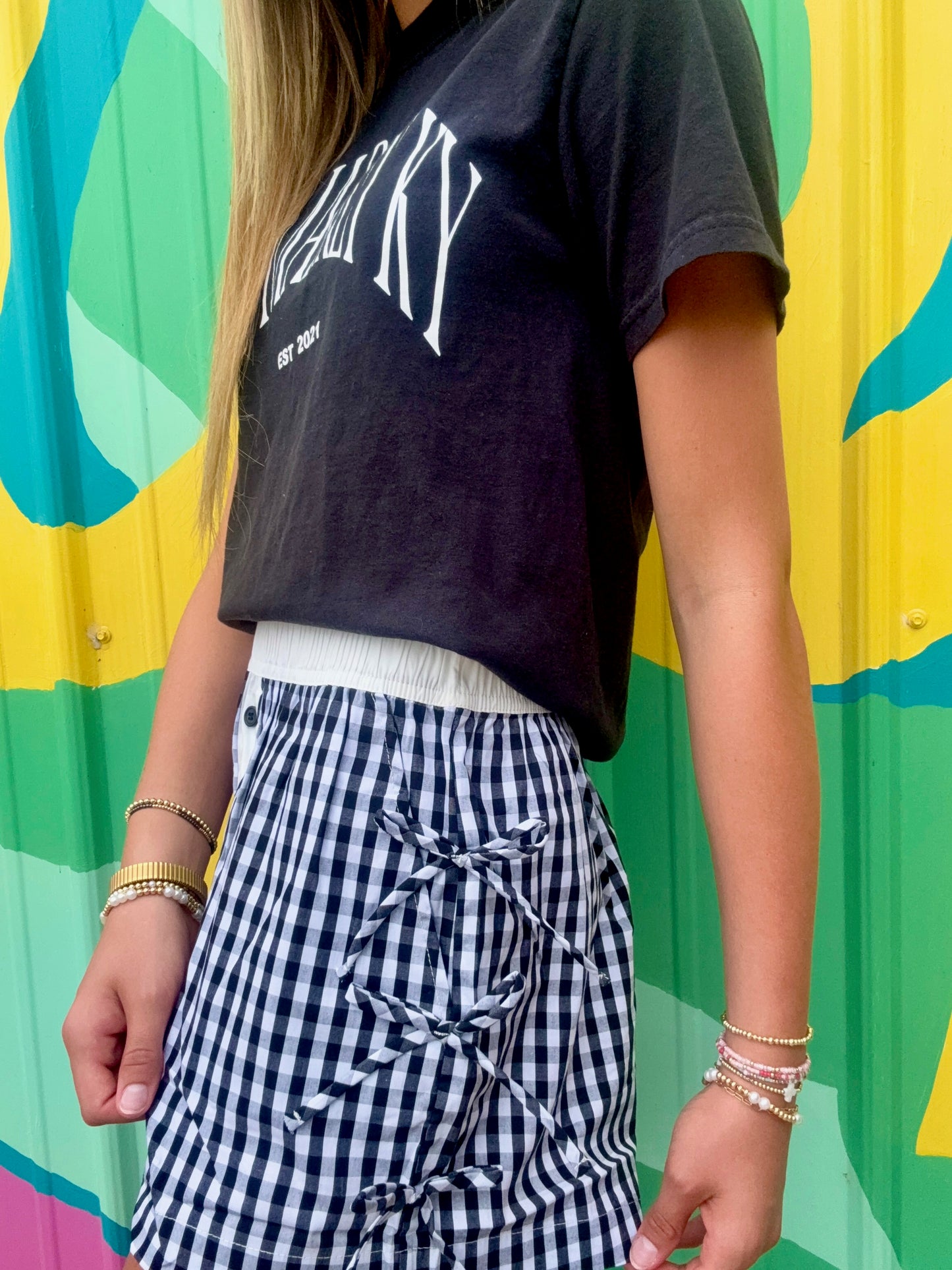 LuluMac Button Down Bow Gingham Short- Black