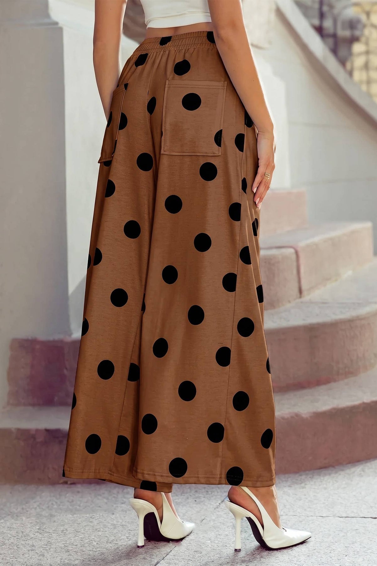High Waist Wide Leg Polka Dot Pocket Pants S-4X: Black / S