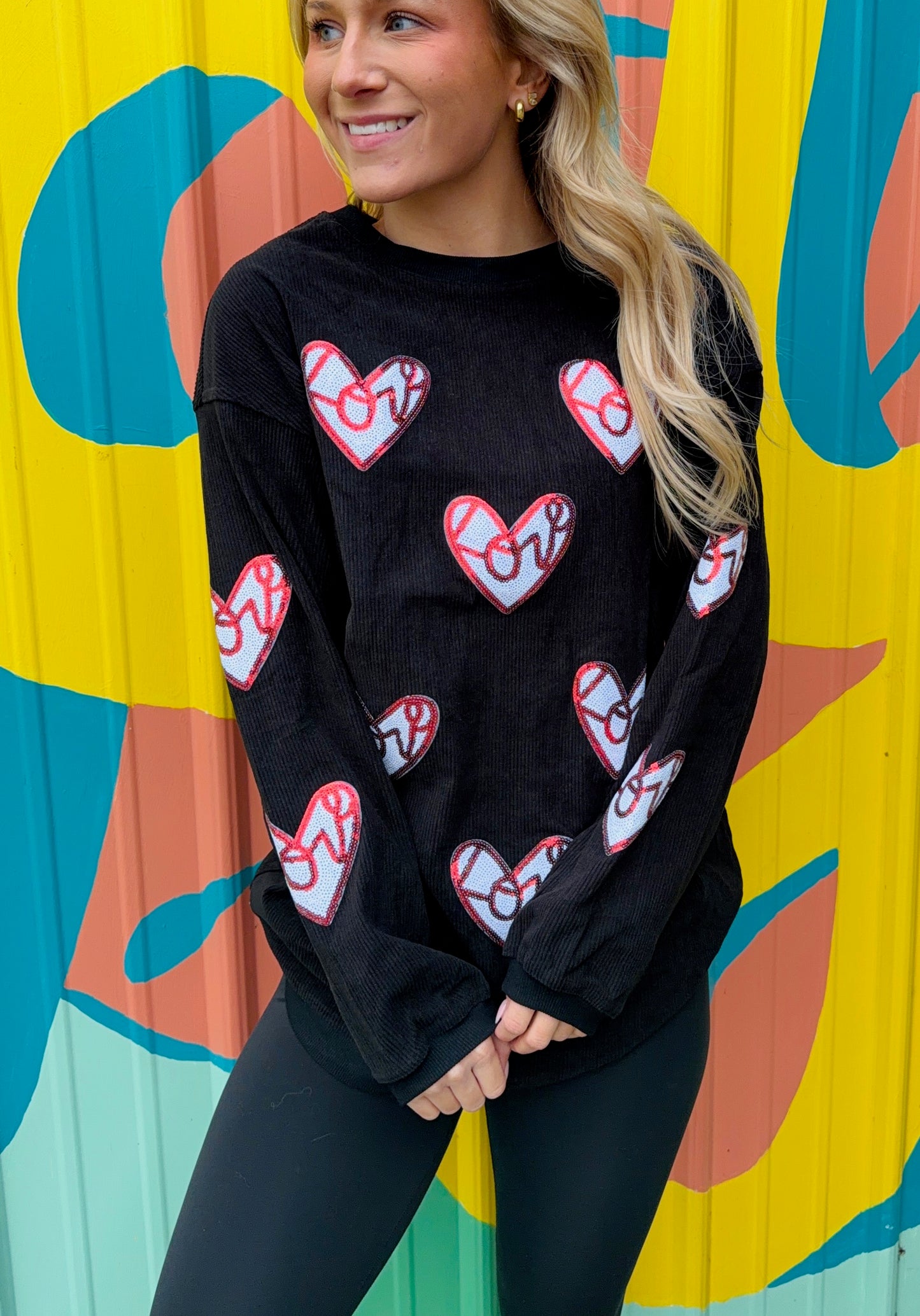 Ribbed Love Heart Sequin Patched Graphic Sweatshirt