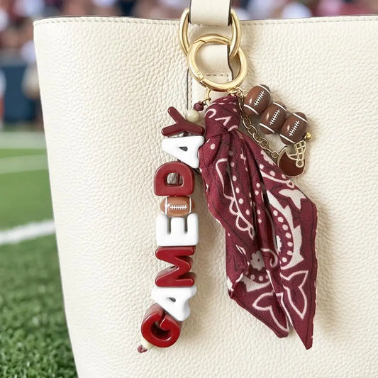 Gameday Football Helmet Charm Bandana Keychain/Bag Charm - Burgundy/White