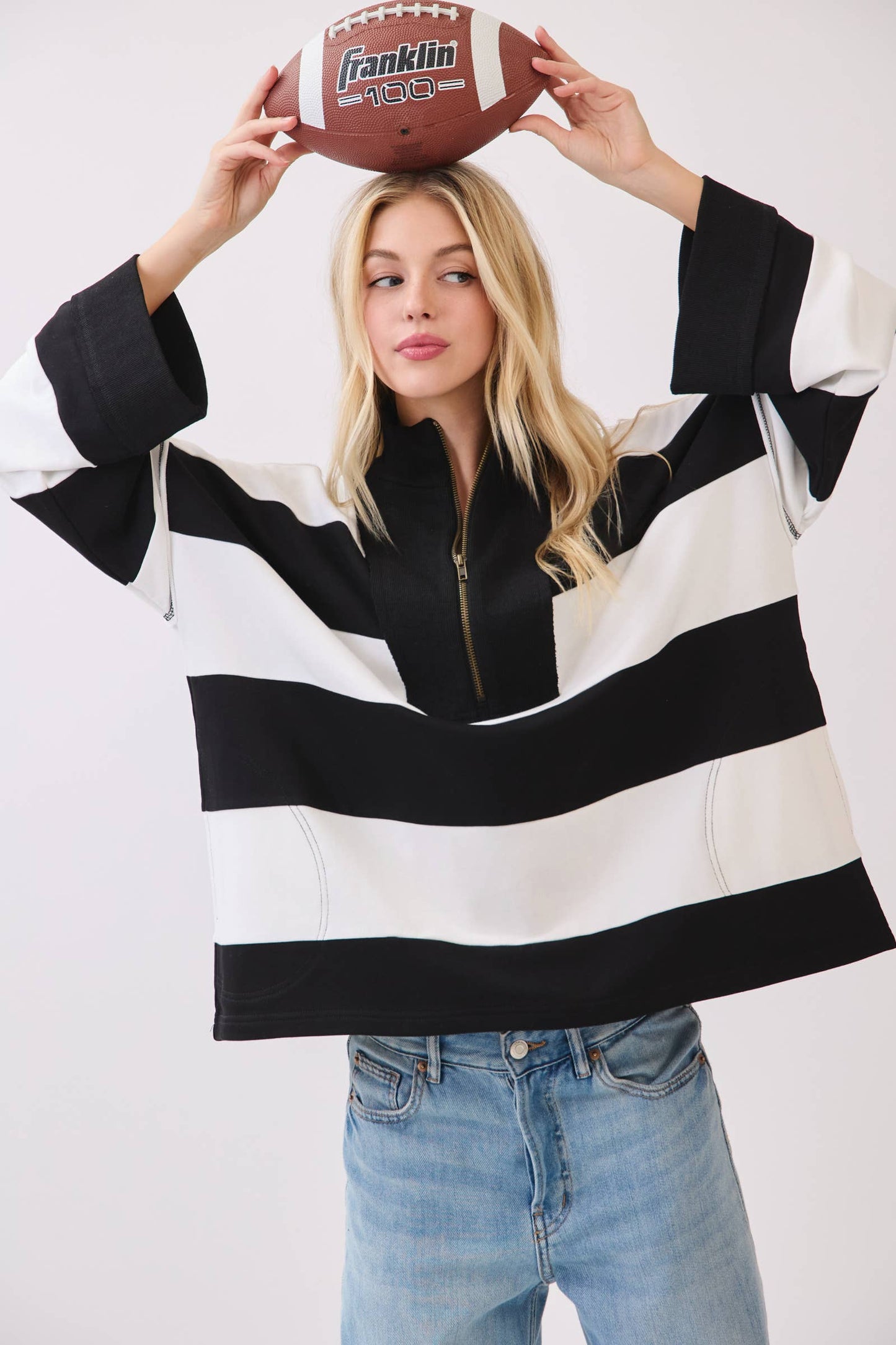 Varsity Stripe Zip Pullover: BURGUNDY/WHITE / S