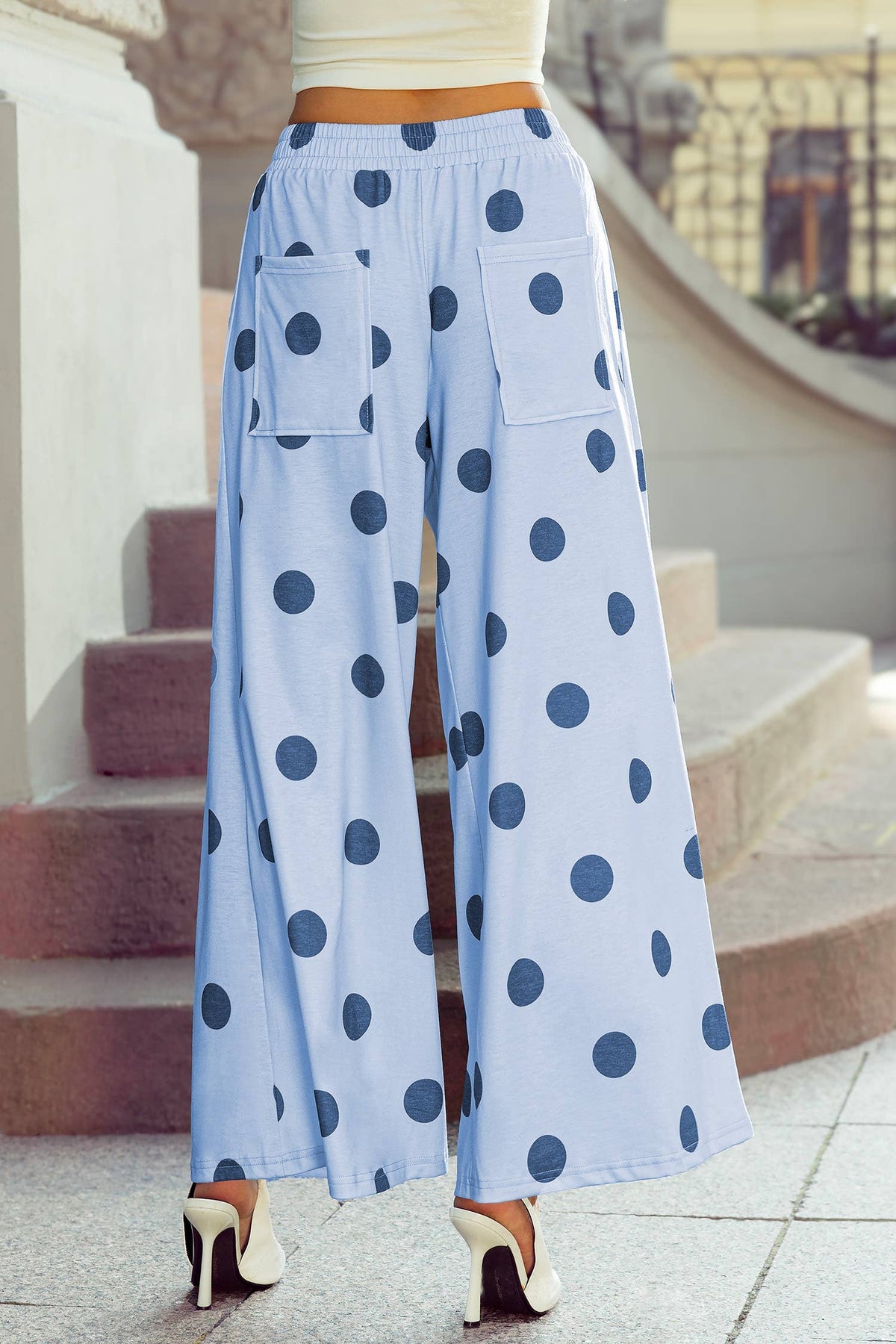 High Waist Wide Leg Polka Dot Pocket Pants S-4X: Black / S