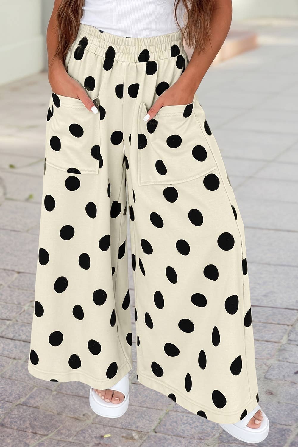 High Waist Wide Leg Polka Dot Pocket Pants S-4X: Black / S