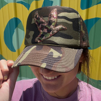 Sequin Mallard Foam Trucker Hat- Classic Camo