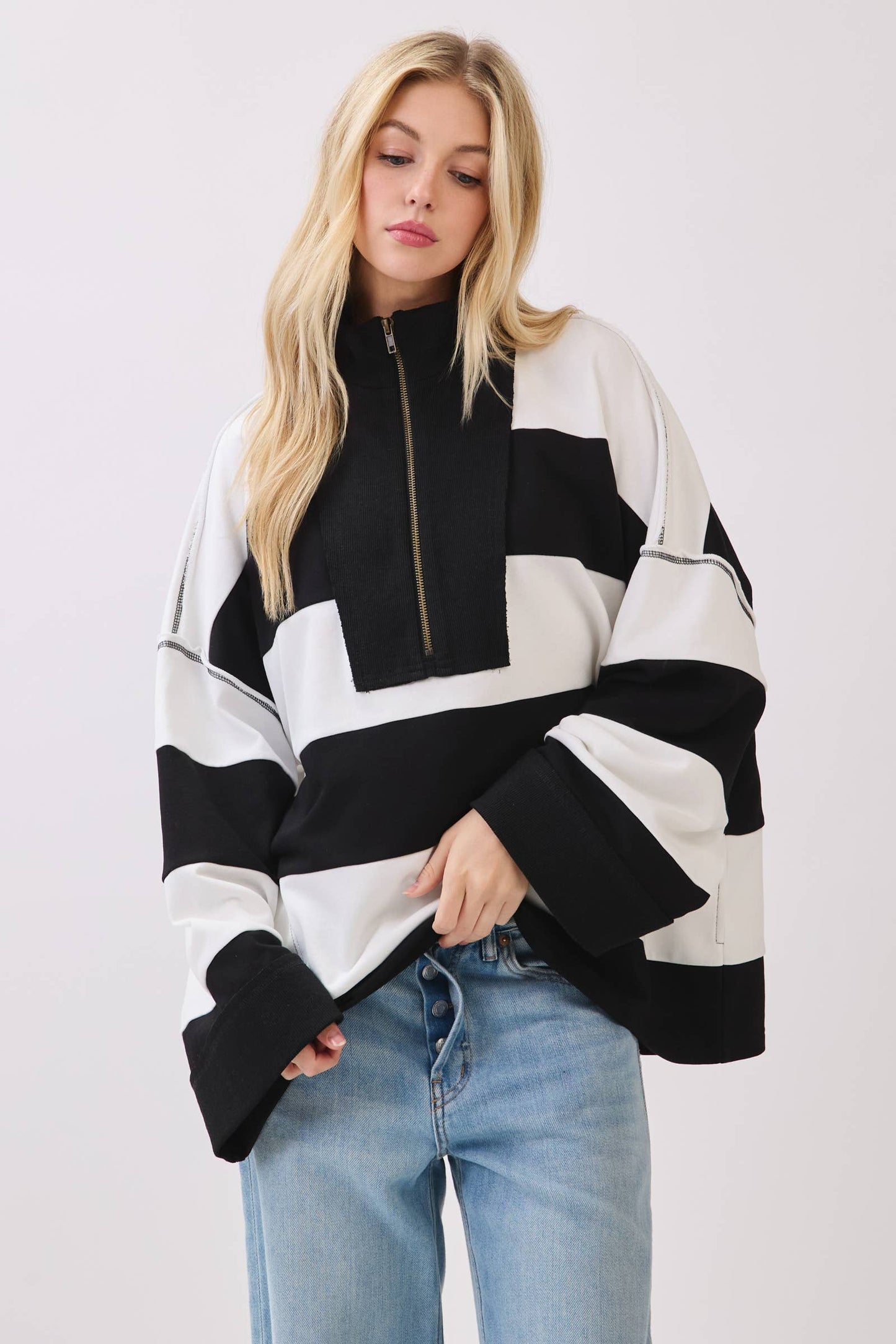 Varsity Stripe Zip Pullover: ROYAL/WHITE / S