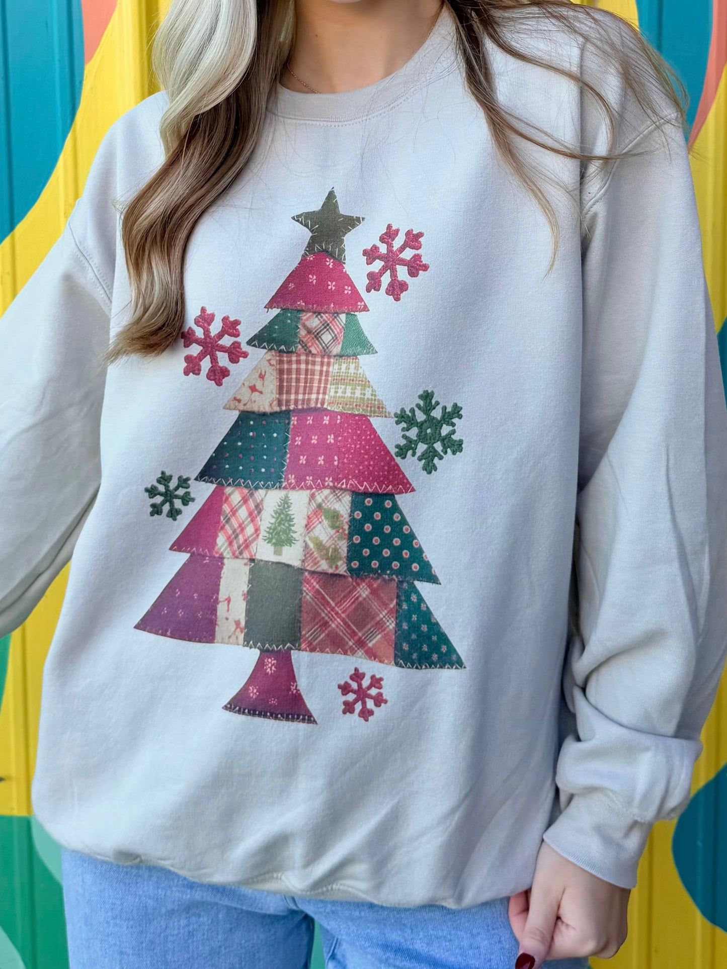 Patchwork Christmas Tree Crewneck Sweatshirt