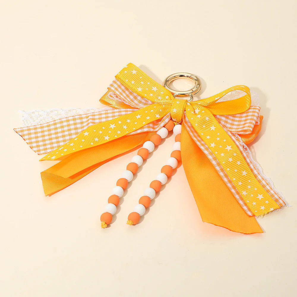 Gameday Triple Layered Bow Bag Charm/Keychain - Orange/White