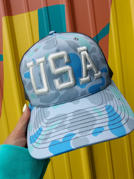 USA Embroidered Trucker Hat- Seafoam Camo