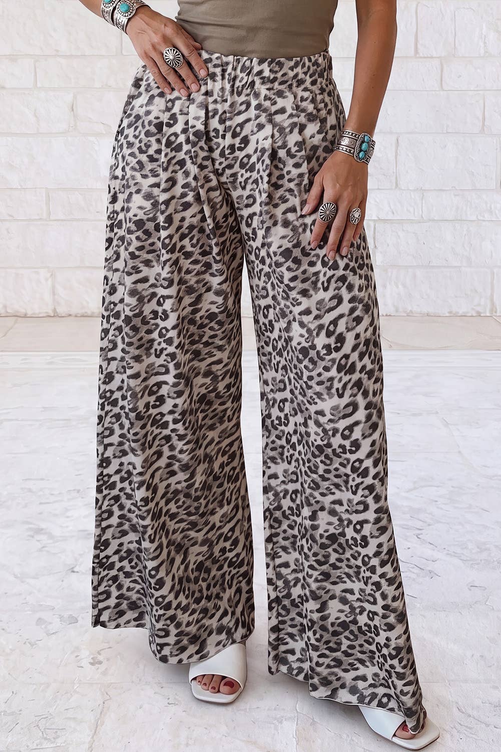 Leopard Print Wide Leg Full Length Pants: Multicolour / S