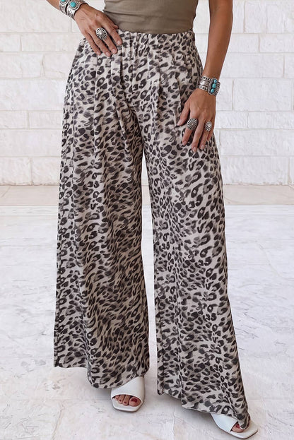 Leopard Print Wide Leg Full Length Pants: Multicolour / S