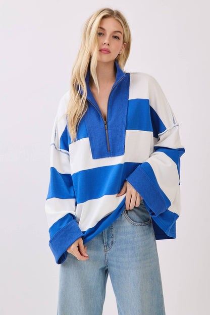 Varsity Stripe Zip Pullover: BURGUNDY/WHITE / S