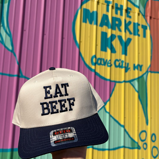 Eat Beef Embroidered Trucker Hat- Navy/Tan
