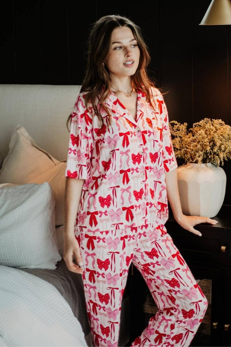 Pink & Red Coquette Bows Pajama Pants Set: Size- XL