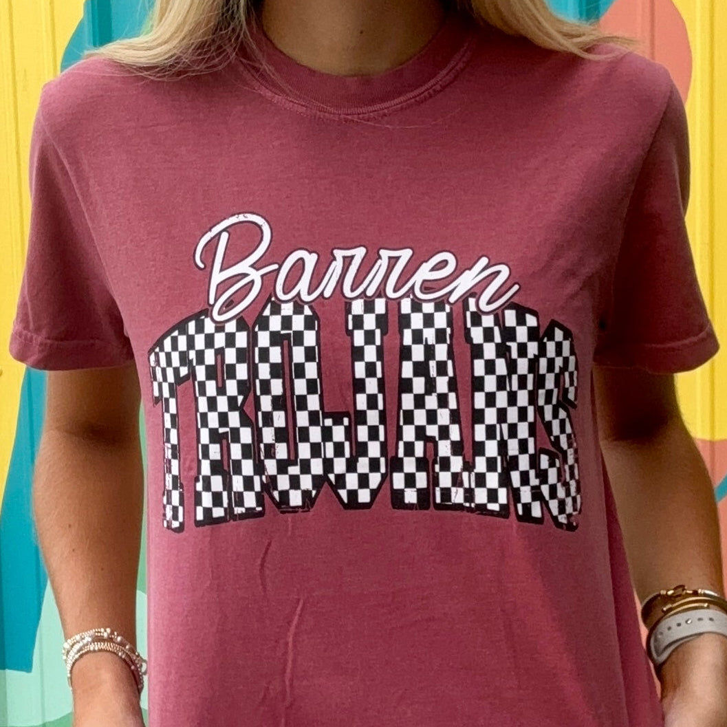 Checkered Barren Trojans Comfort Color Tee - Burgundy (Adult & Youth)