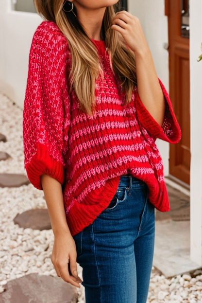 Draped Sleeve Slouchy Sweater: Red Stripe