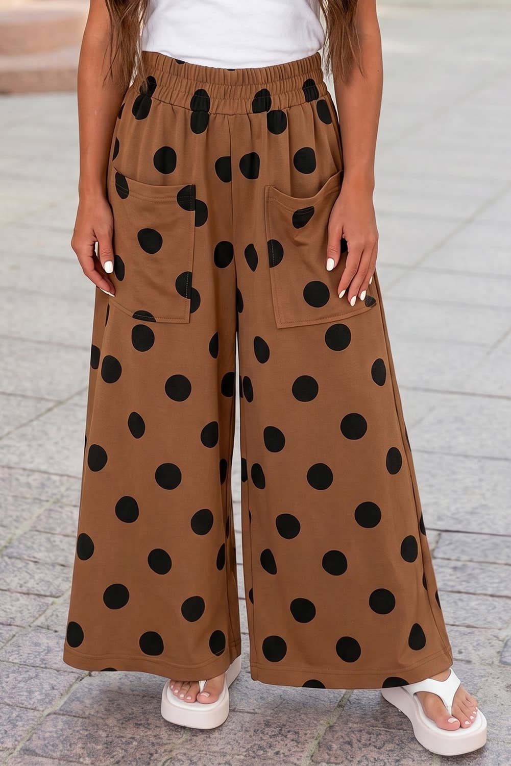 High Waist Wide Leg Polka Dot Pocket Pants S-4X: Black / S