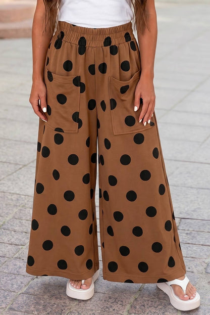 High Waist Wide Leg Polka Dot Pocket Pants S-4X: Black / S