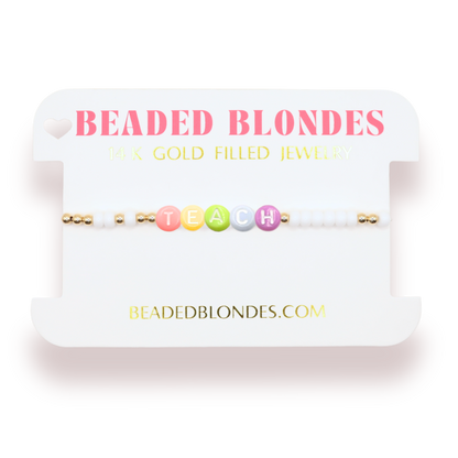 Teach Rainbow Letter Bracelet: Extended 7.25 inch / White Sprinkle