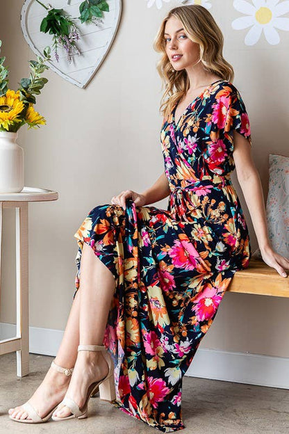 FLORAL MAXI WRAP DRESS/ NAVY MULTI