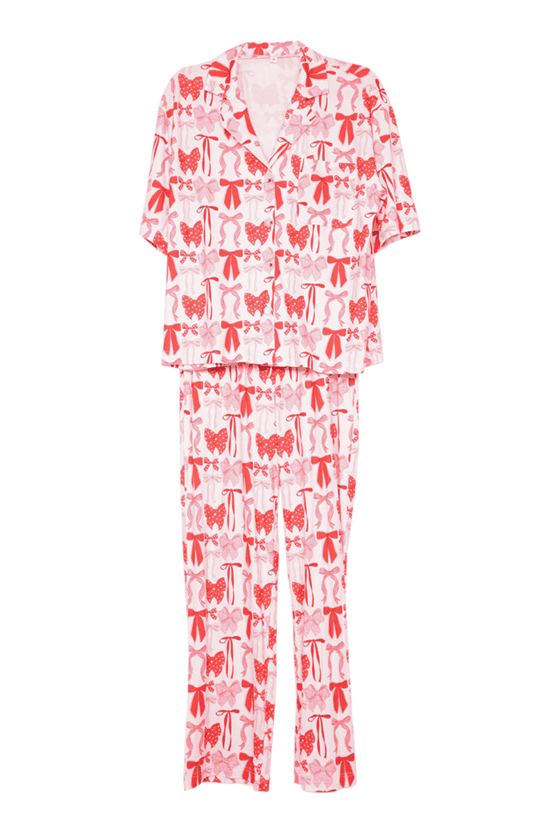 Pink & Red Coquette Bows Pajama Pants Set: Size- Medium