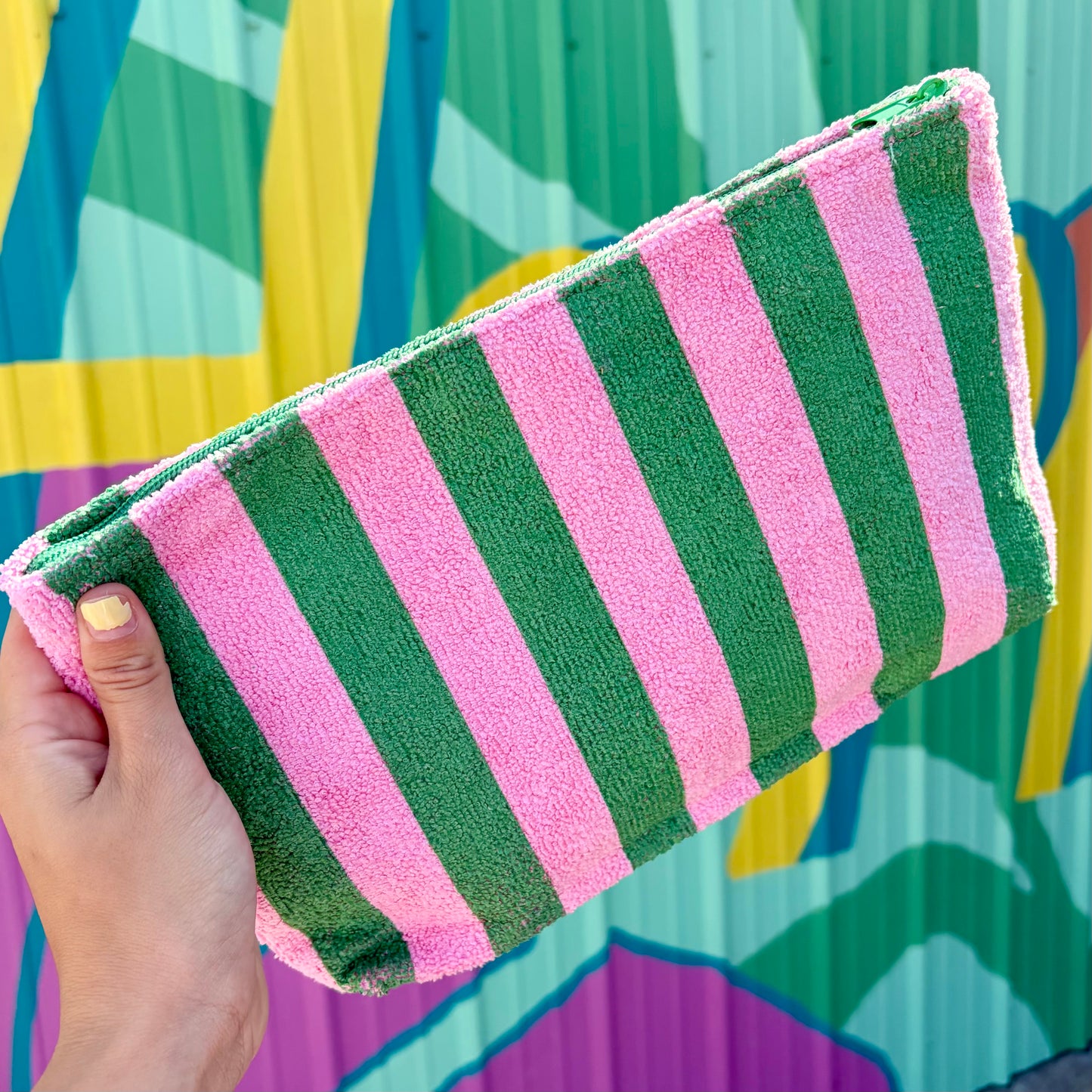 Striped Terry Cloth Cosmetic Bag - Pink & Green